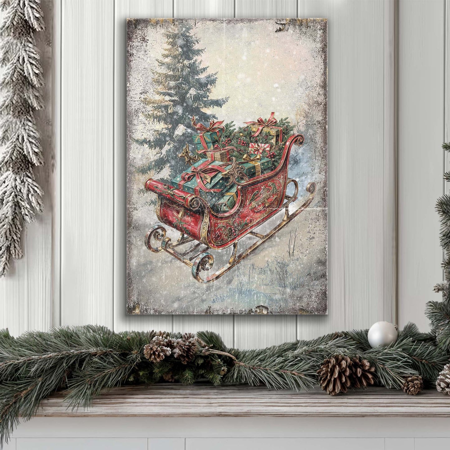 Vintage Christmas Sleigh Sled Wall Art II canvas with red sleigh and gifts beside snowy fir on Tampa Home & Garden Store