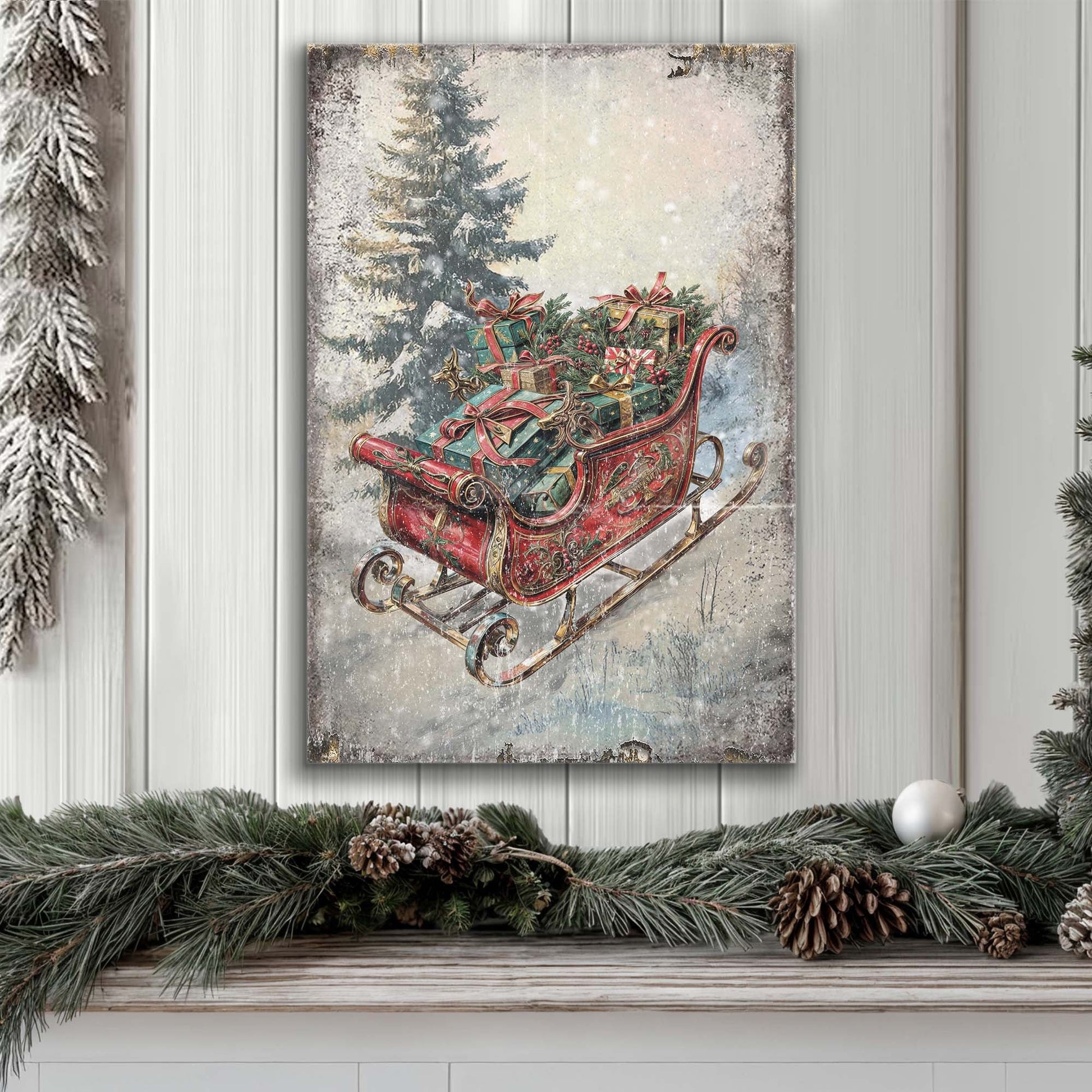 Vintage Christmas Sleigh Sled Wall Art II canvas with red sleigh and gifts beside snowy fir on Tampa Home & Garden Store