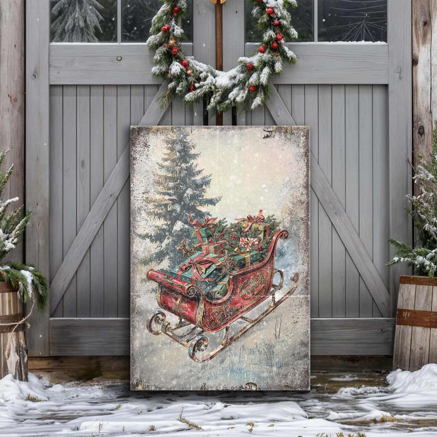 Vintage Christmas Sleigh Sled Wall Art II canvas Tailored Canvases holiday decor with snow scene on Tampa Home & Garden Store
