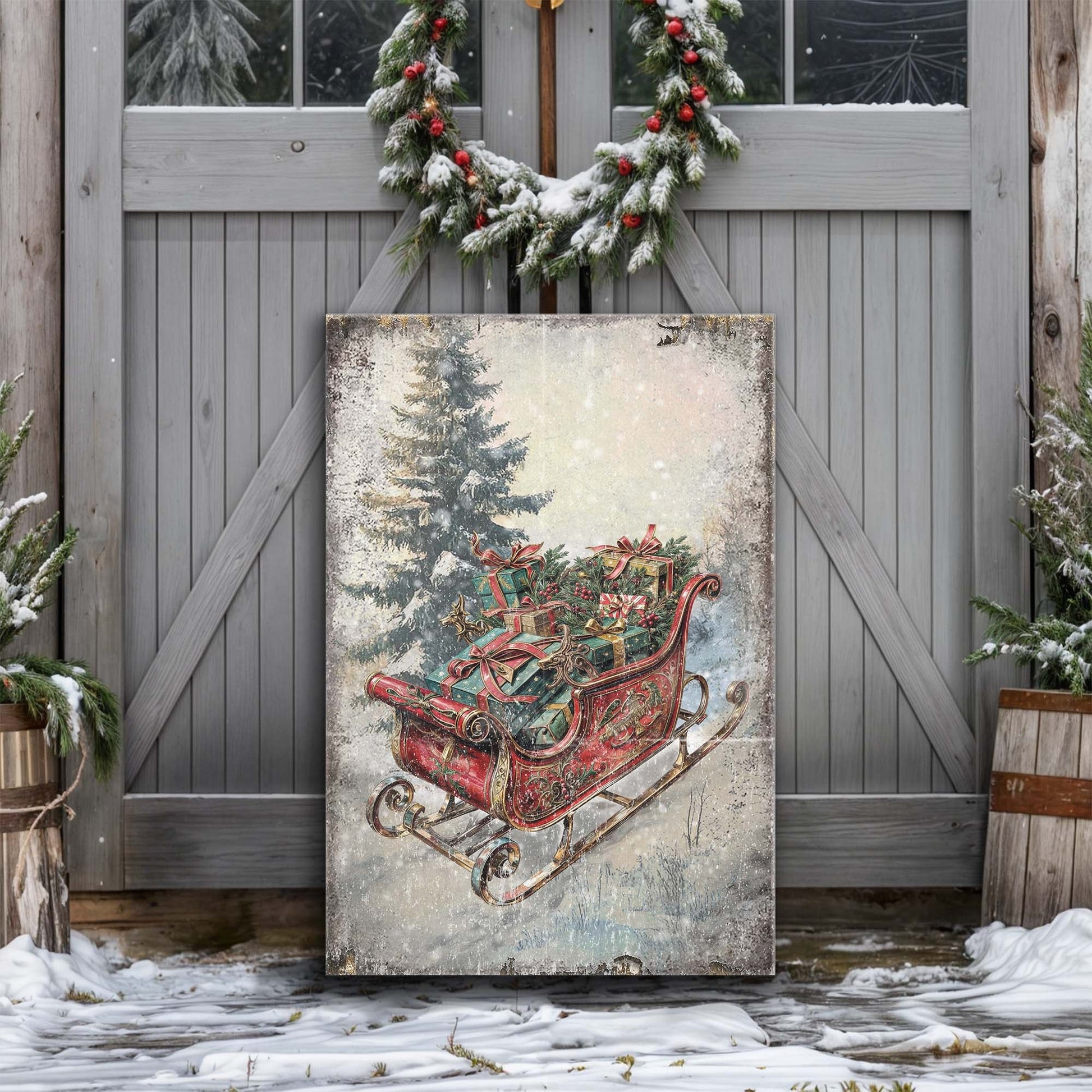 Vintage Christmas Sleigh Sled Wall Art II canvas Tailored Canvases holiday decor with snow scene on Tampa Home & Garden Store