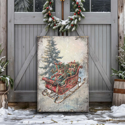 Vintage Christmas Sleigh Sled Wall Art II canvas Tailored Canvases holiday decor with snow scene on Tampa Home & Garden Store