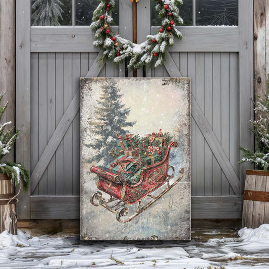 Vintage Christmas Sleigh Sled Wall Art II canvas Tailored Canvases holiday decor with snow scene on Tampa Home & Garden Store
