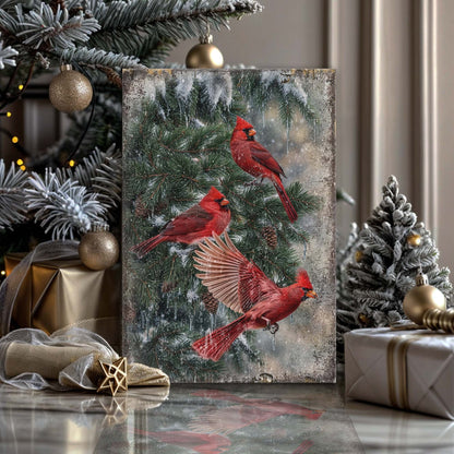 Vintage Cardinal Christmas Wall Art II canvas by Tailored Canvases, snowy pine backdrop with red cardinals on Tampa Home & Garden Store
