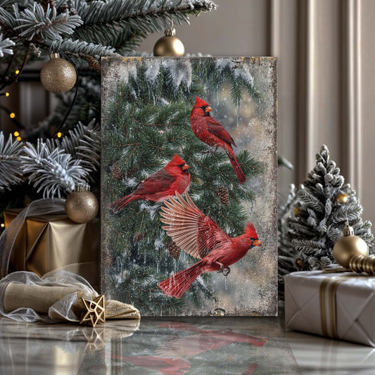 Vintage Cardinal Christmas Wall Art II canvas by Tailored Canvases, snowy pine backdrop with red cardinals on Tampa Home & Garden Store