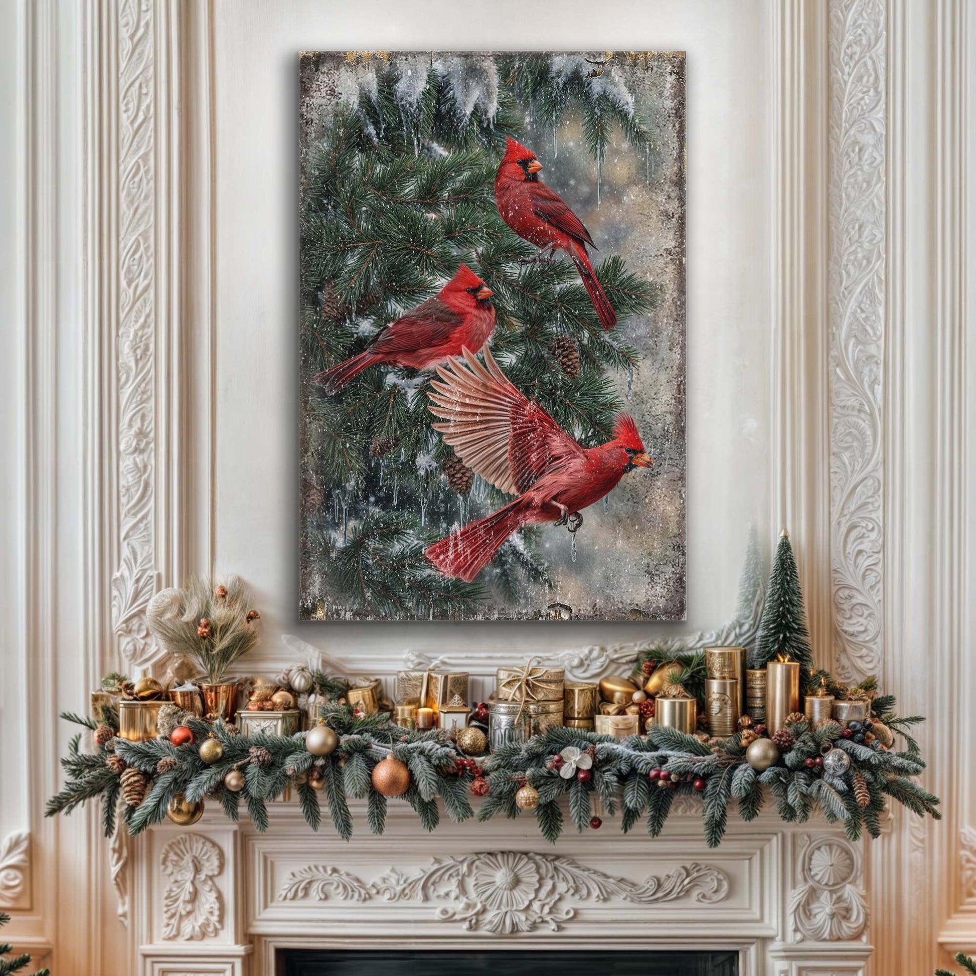 Vintage Cardinal Christmas Wall Art II canvas by Tailored Canvases with red cardinals on Tampa Home & Garden Store