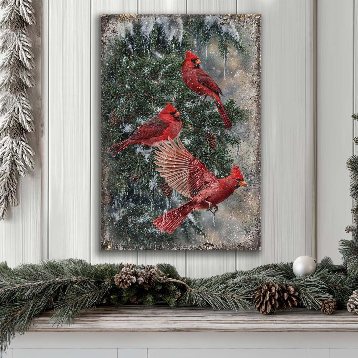 Vintage Cardinal Christmas Wall Art II canvas Tailored Canvases with two red cardinals on snow on Tampa Home & Garden Store