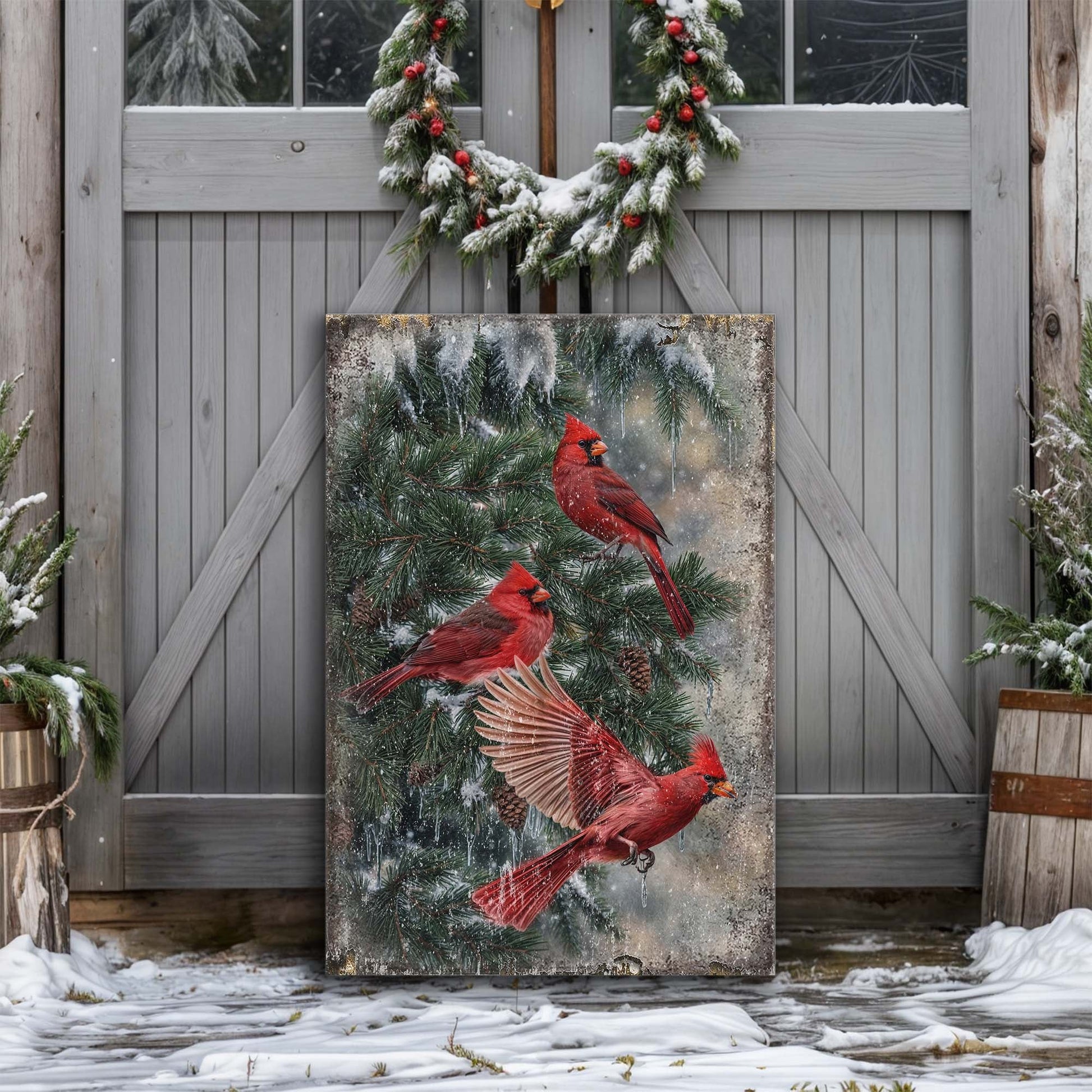 Vintage Cardinal Christmas Wall Art II canvas by Tailored Canvases with red cardinals on snow on Tampa Home & Garden Store
