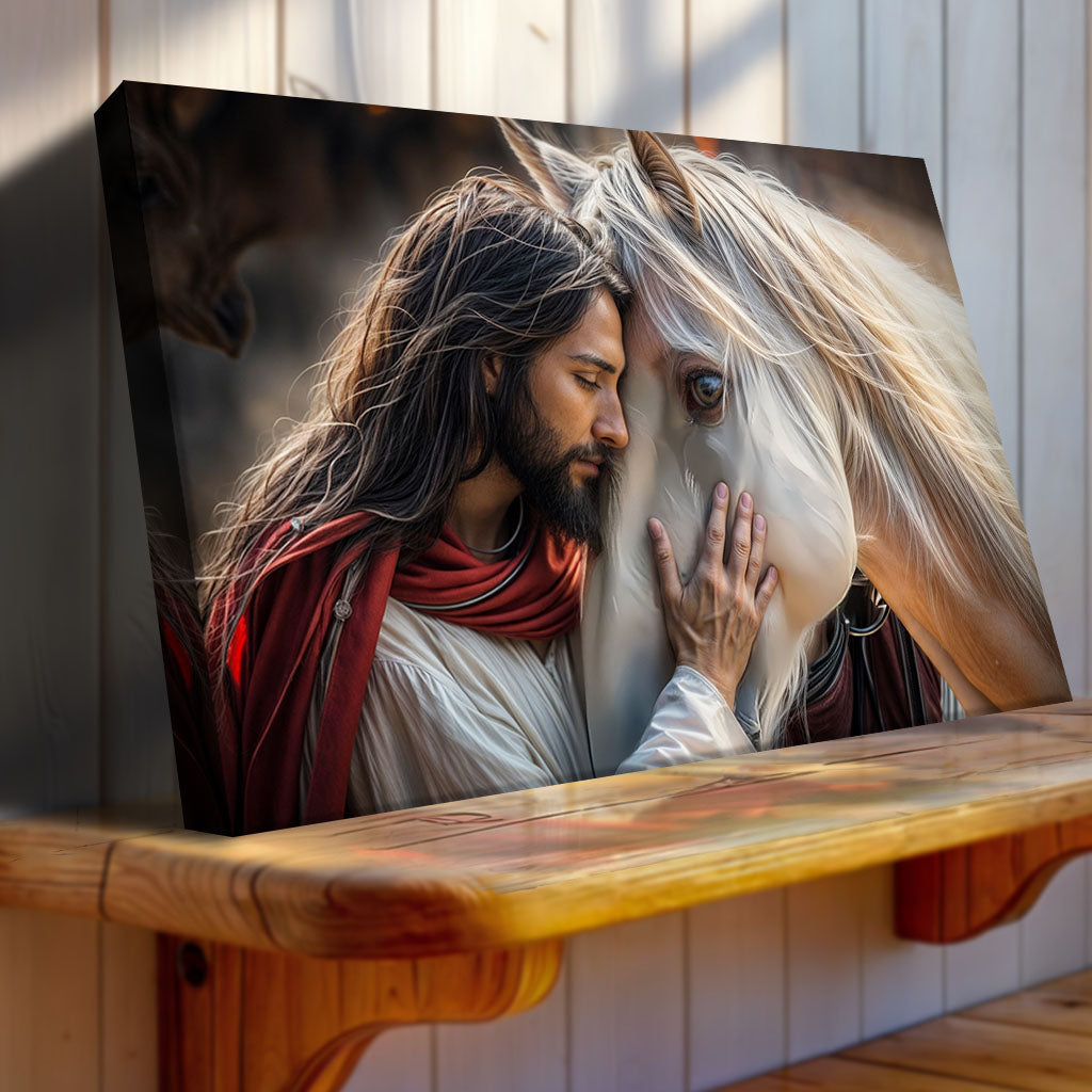 Jesus And Horse Faith Canvas by Tailored Canvases featuring a man and white horse in an embrace on Tampa Home & Garden Store
