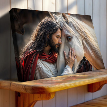 Jesus And Horse Faith Canvas by Tailored Canvases featuring a man and white horse in an embrace on Tampa Home & Garden Store