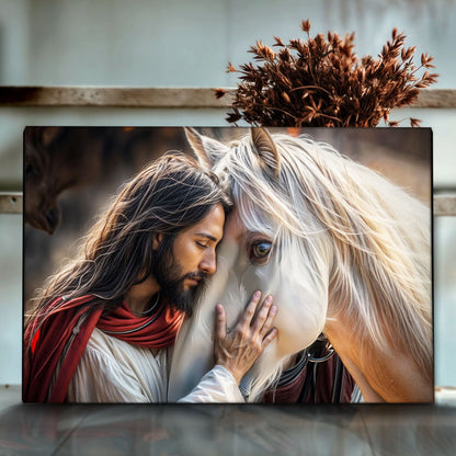 Jesus And Horse Faith canvas wall art featuring a bearded man and white horse close up on Tampa Home & Garden Store