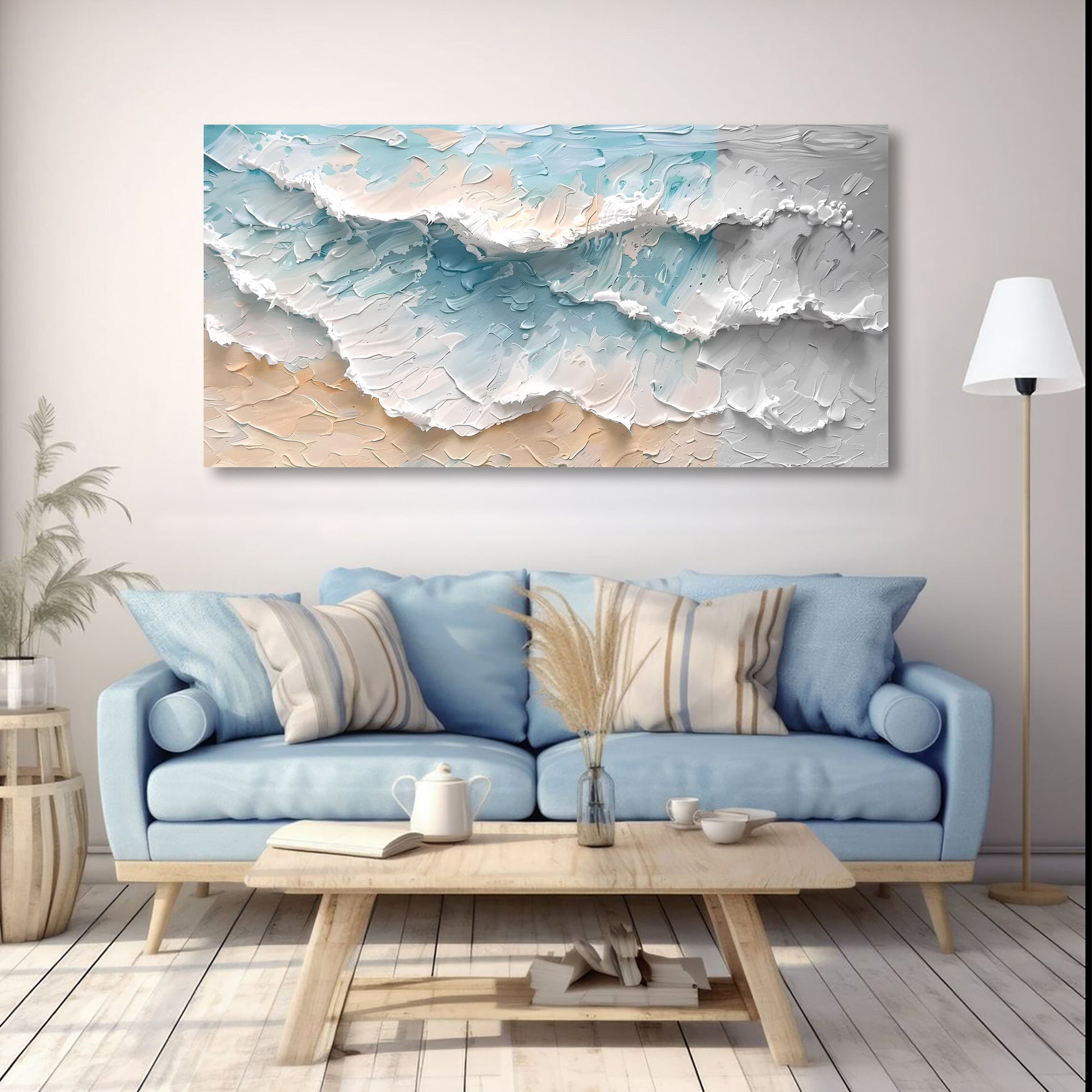 Blue Ocean Coastal Wall Art canvas by Tailored Canvases, textured ocean waves in blue and beige on Tampa Home & Garden Store