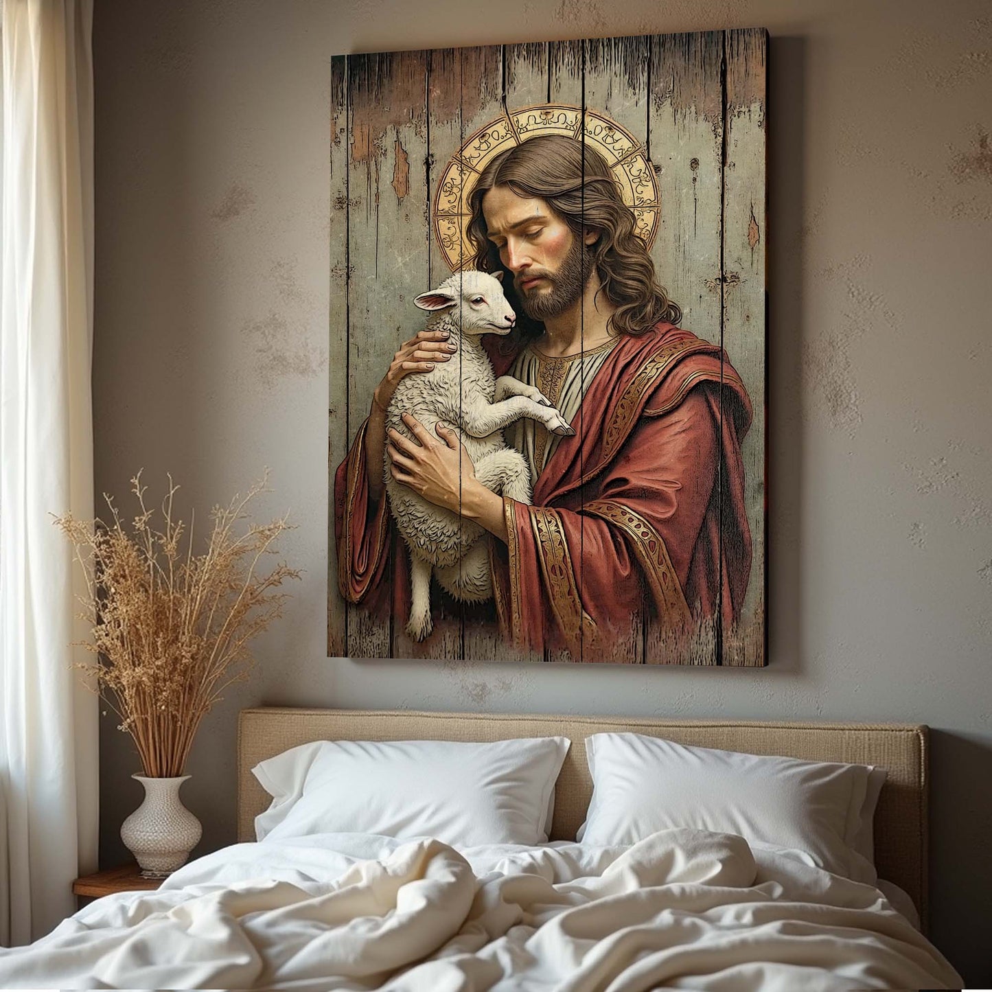 Jesus The Good Shepherd canvas wall art Tailored Canvases, rustic wood panel design on Tampa Home & Garden Store