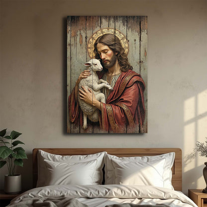 Jesus The Good Shepherd canvas wall art by Tailored Canvases, rustic wood backdrop with lamb on Tampa Home & Garden Store