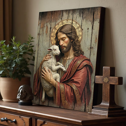 Jesus The Good Shepherd Wall Art canvas by Tailored Canvases, rustic wood panel craft piece on Tampa Home & Garden Store