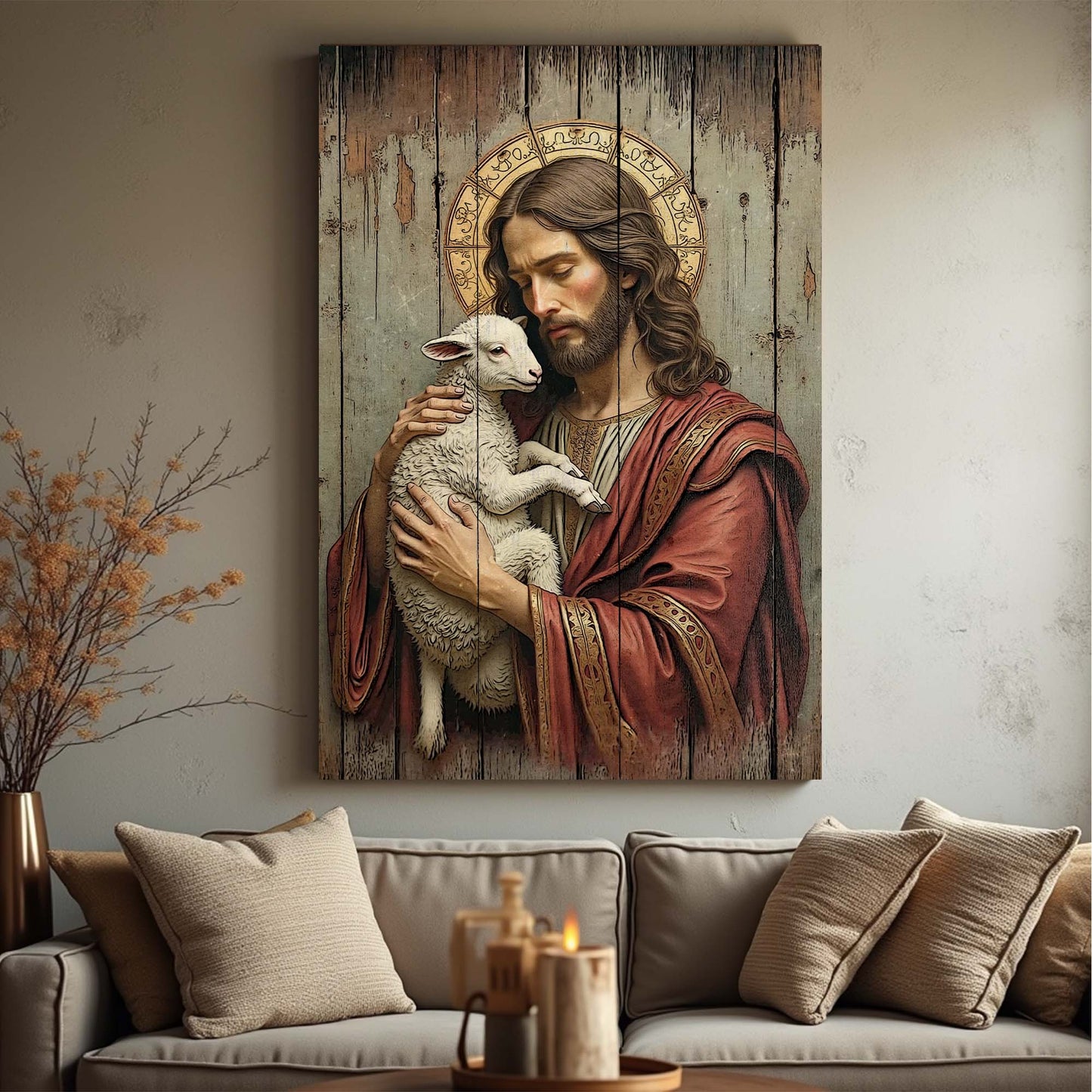 Jesus The Good Shepherd canvas wall art by Tailored Canvases in warm brown wood tones on Tampa Home & Garden Store