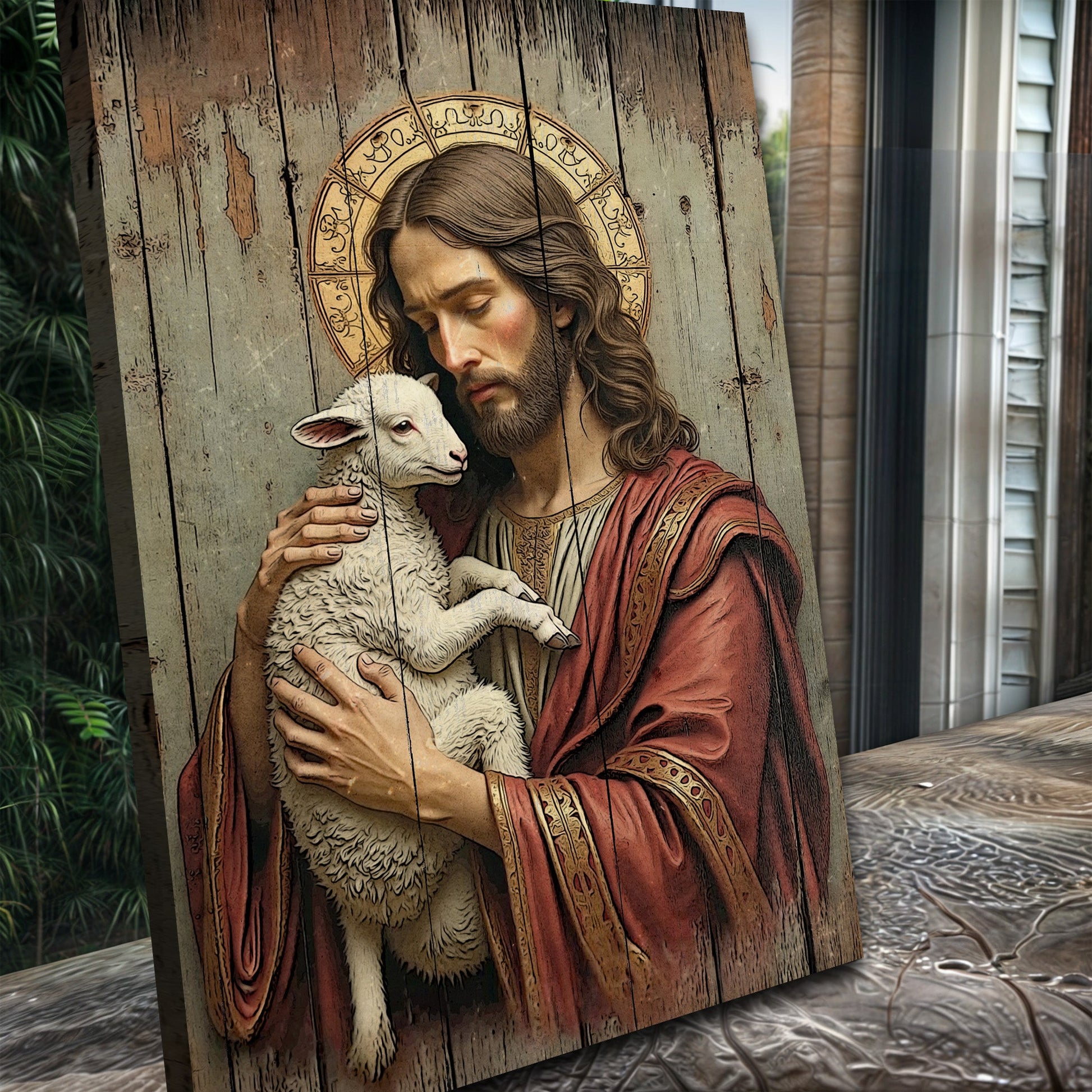 Jesus The Good Shepherd canvas wall art by Tailored Canvases; rustic panel look with lamb on Tampa Home & Garden Store