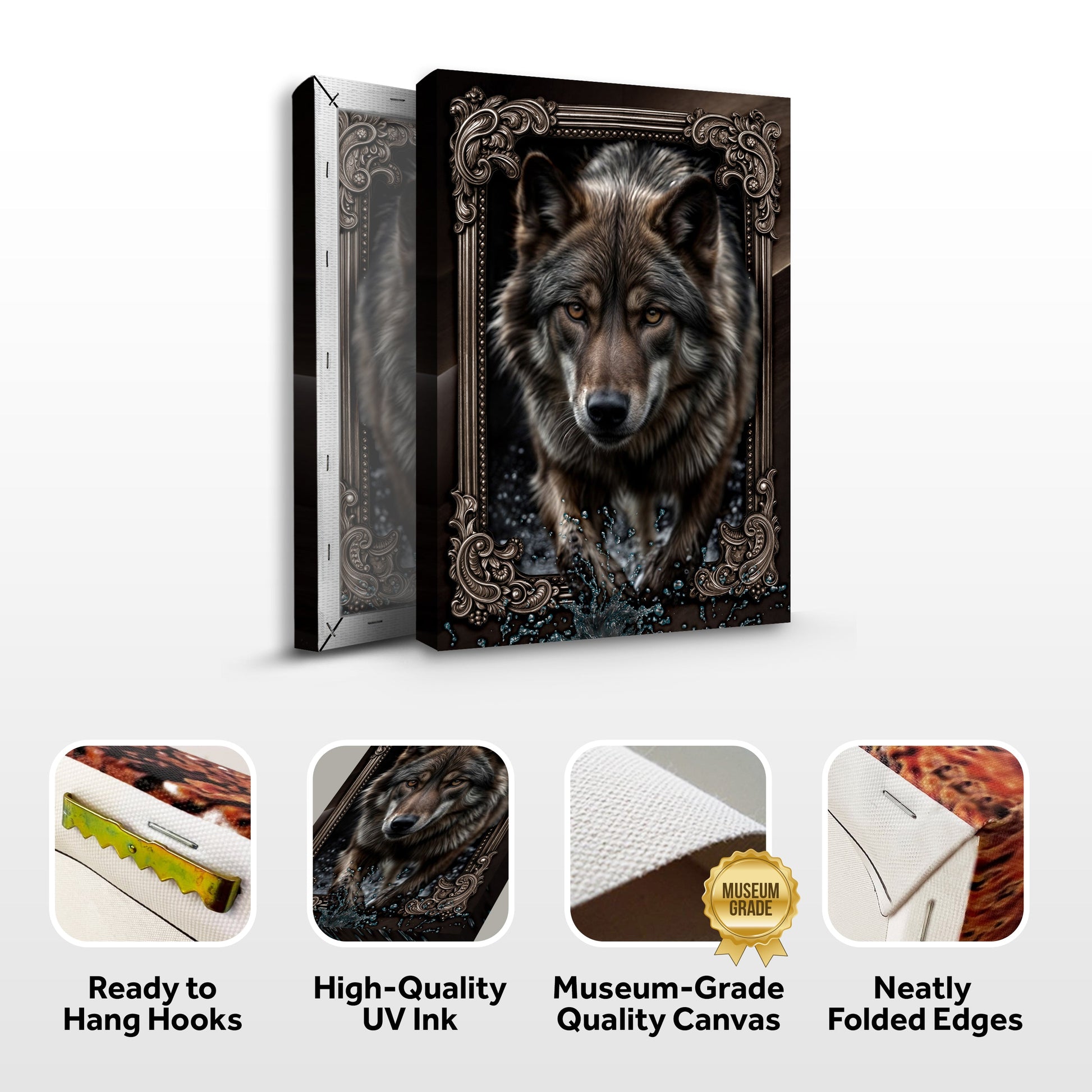 3D Wolf Wall Art II canvas set of 2 by Tailored Canvases in ornate frame with wolf portrait on Tampa Home & Garden Store