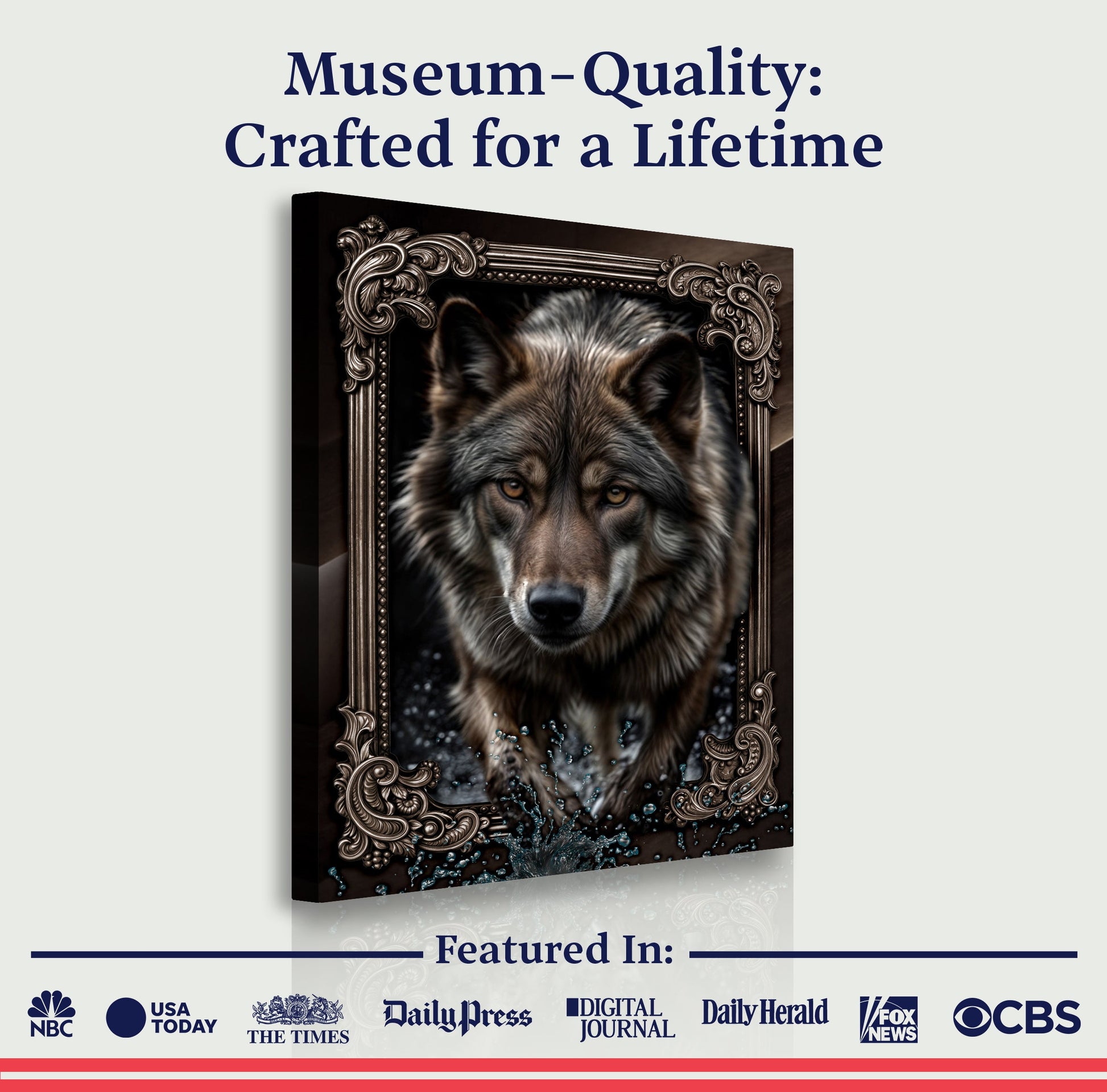 3D Wolf Wall Art II canvas by Tailored Canvases in an ornate framed design, crafting canvas on Tampa Home & Garden Store