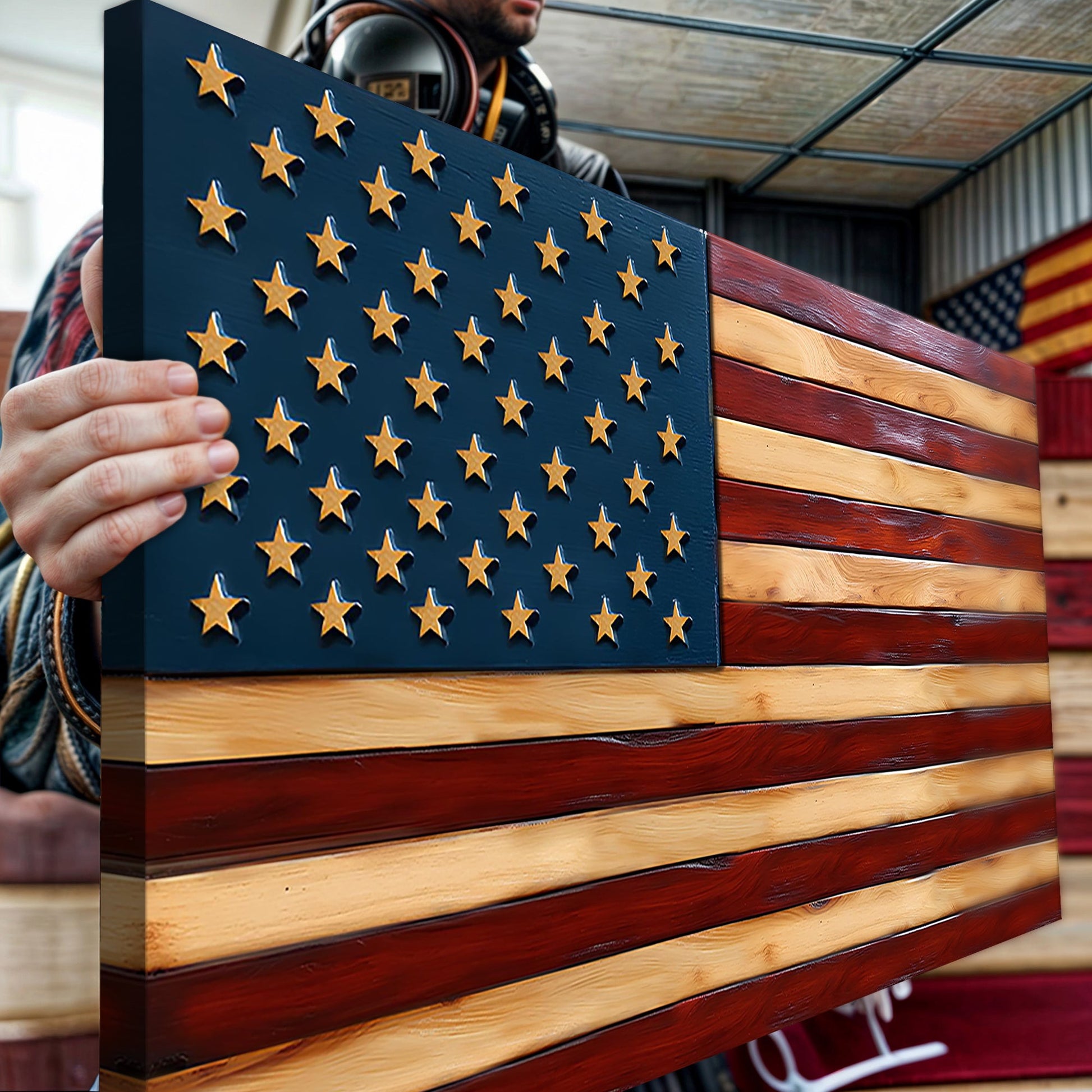 Old Glory Flag Wall Art II canvas with blue field and gold stars, red stripes Tailored Canvases on Tampa Home & Garden Store