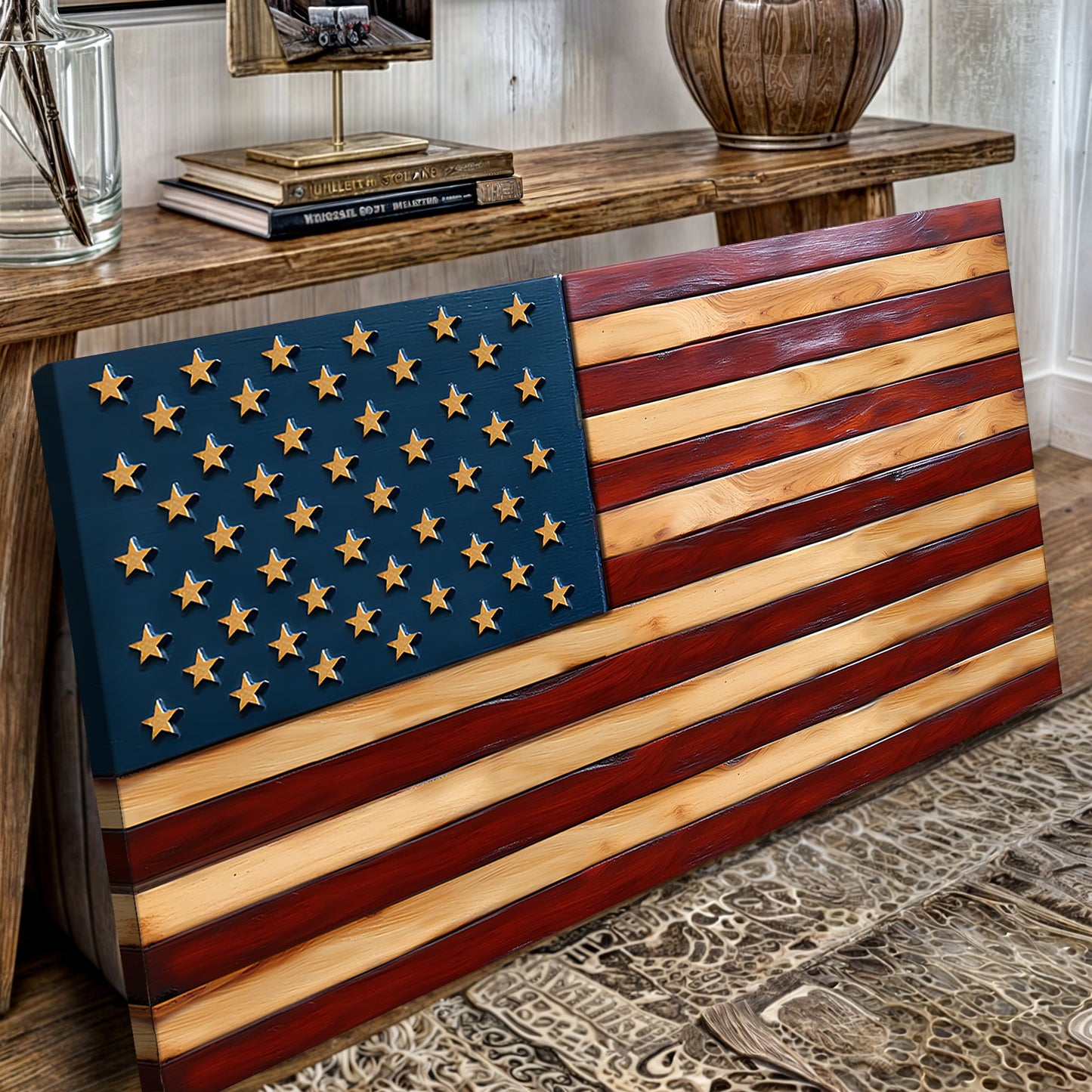 Old Glory American Flag Wall Art II canvas with blue star field and natural wood stripes on Tampa Home & Garden Store