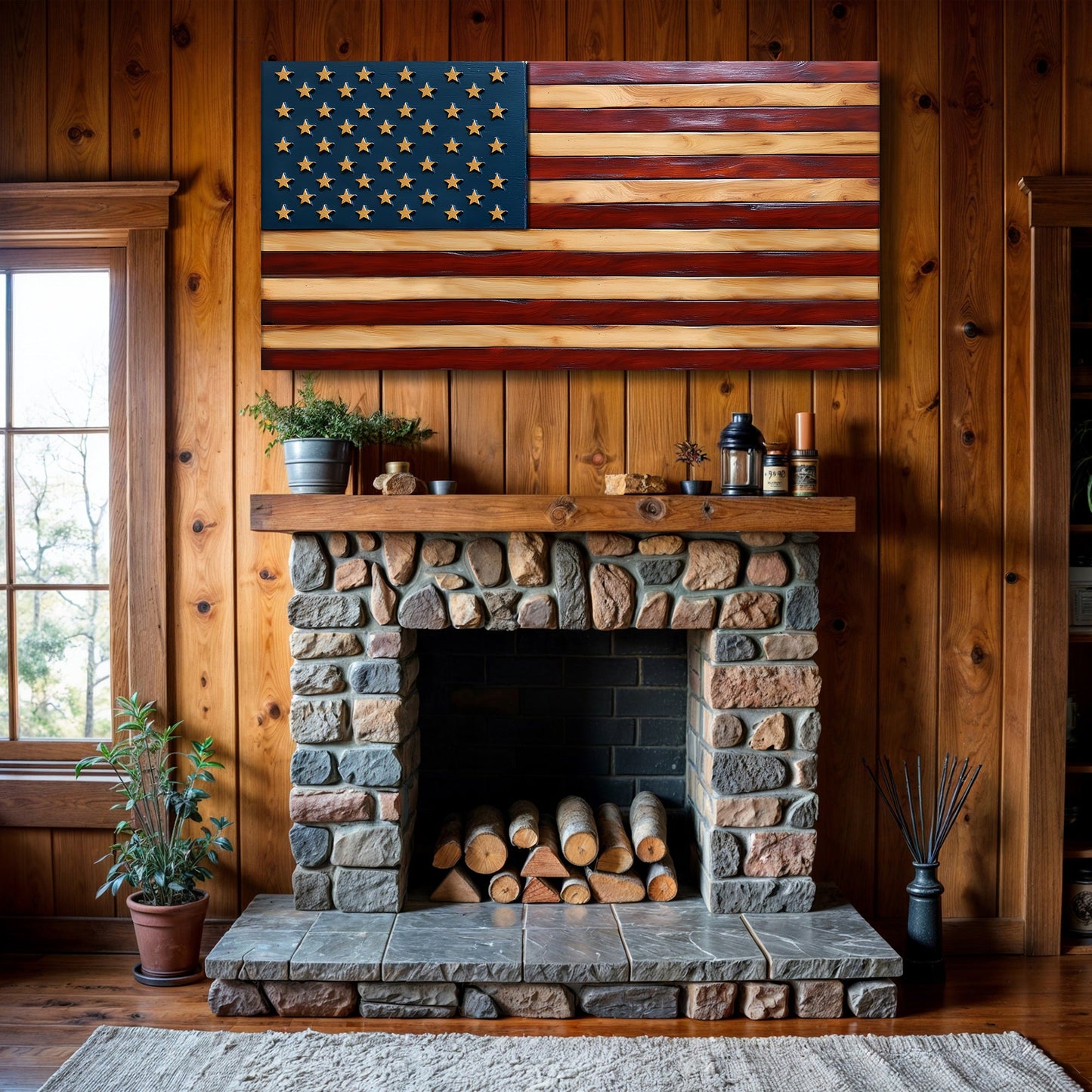 Old Glory American Flag Wall Art II canvas two-panel rustic flag with wooden stars and stripes on Tampa Home & Garden Store