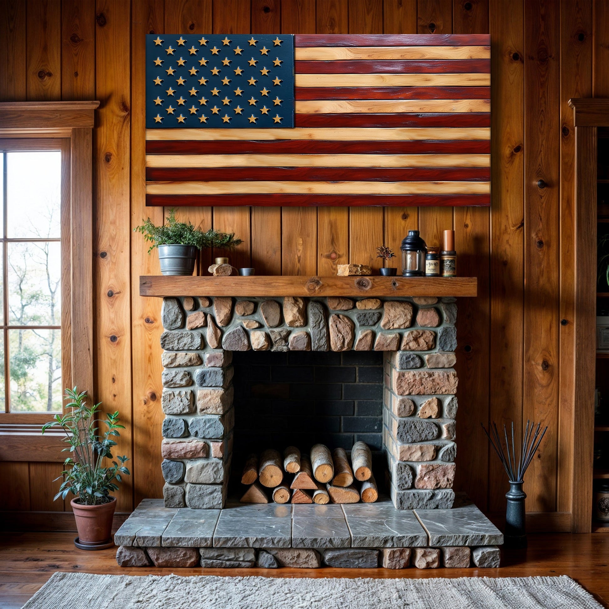 Old Glory American Flag Wall Art II canvas two-panel rustic flag with wooden stars and stripes on Tampa Home & Garden Store