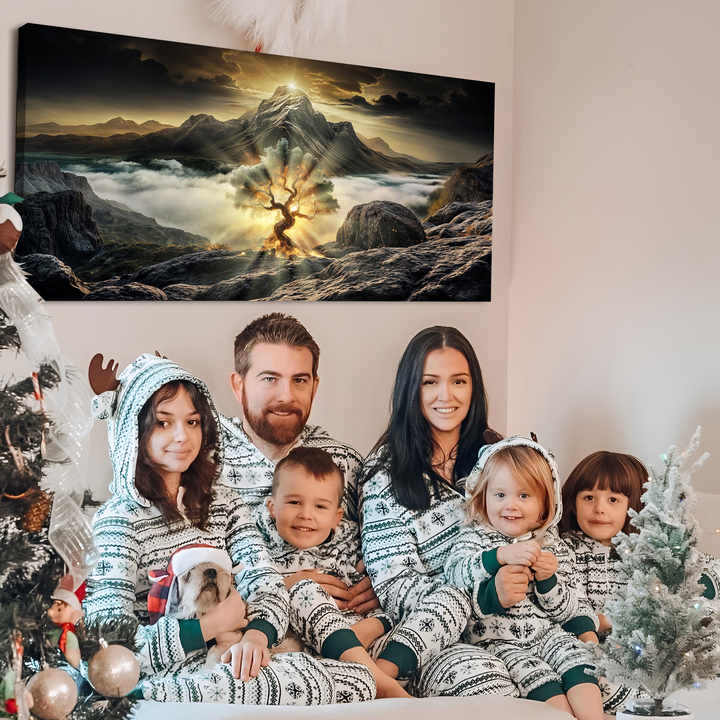 Burning Bush Faith Wall Art II Canvas by Tailored Canvases; family in matching knit pajamas with dog on Tampa Home & Garden Store
