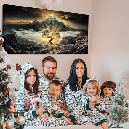 Burning Bush Faith Wall Art II Canvas by Tailored Canvases; family in matching knit pajamas with dog on Tampa Home & Garden Store
