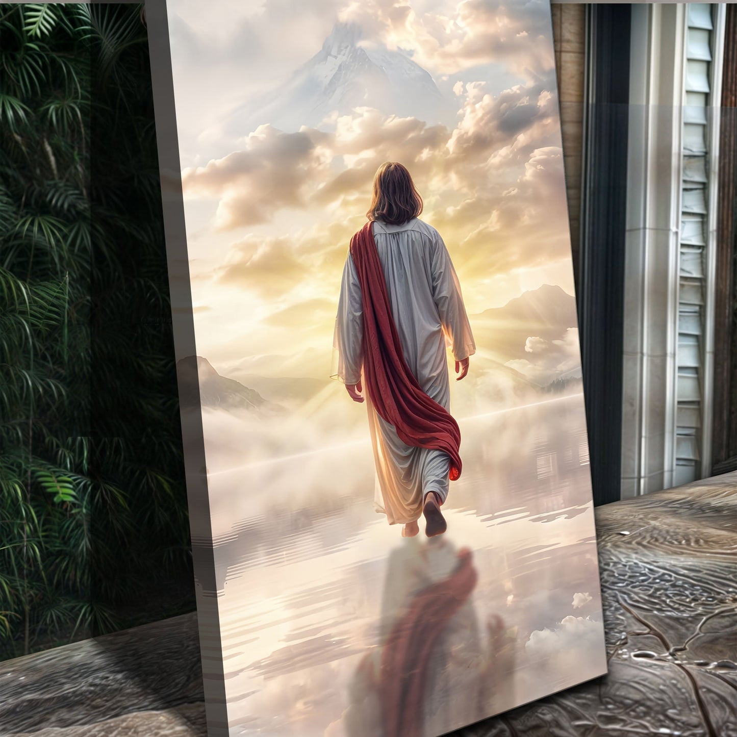 Reflections Faith Wall Art canvas by Tailored Canvases with a robed figure against a sunset sky on Tampa Home & Garden Store