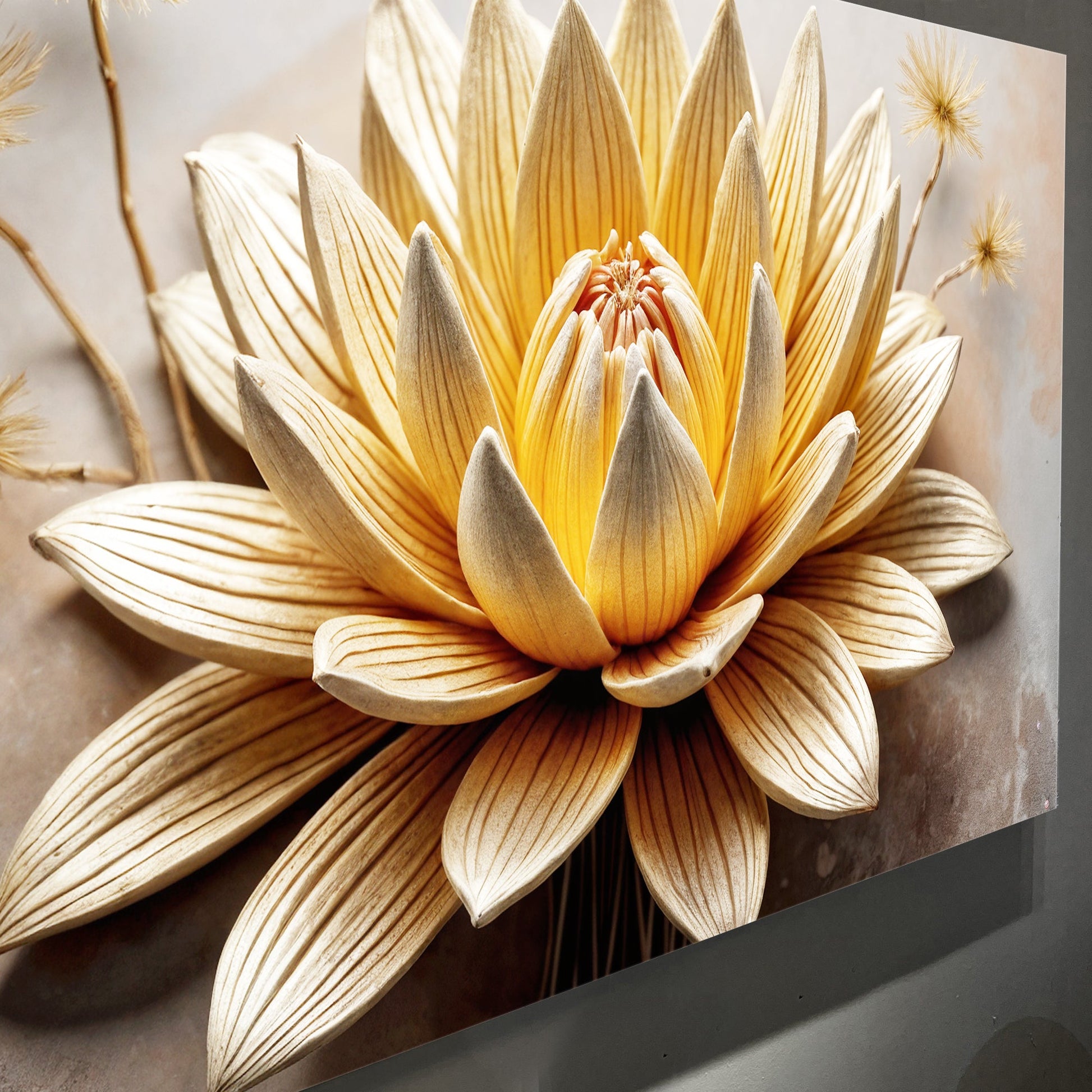 Golden Lotus Minimalist Abstract Wall Art II Canvas by Tailored Canvases in warm gold tones on Tampa Home & Garden Store