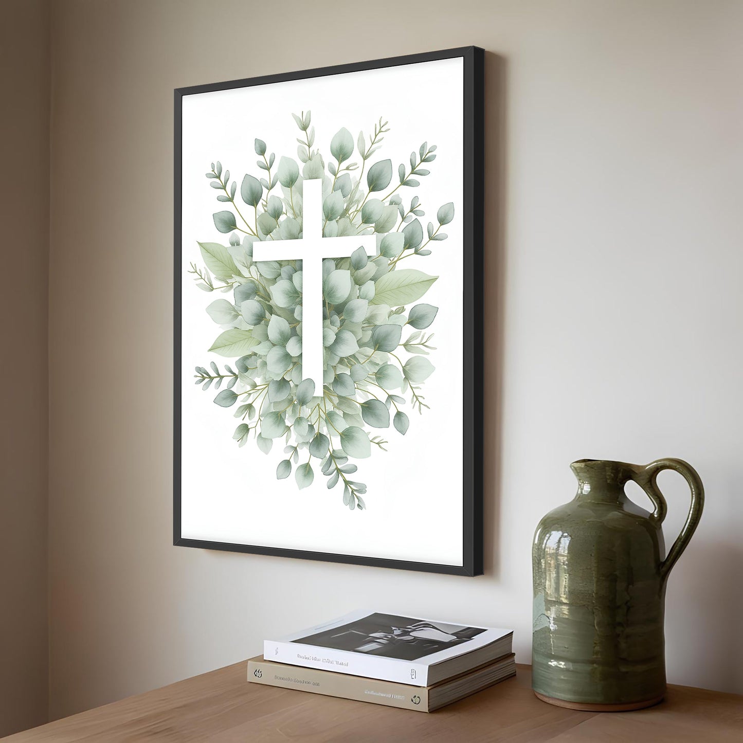 Minimalist Cross Faith Wall Art canvas with green leaves in black frame by Tailored Canvases on Tampa Home & Garden Store