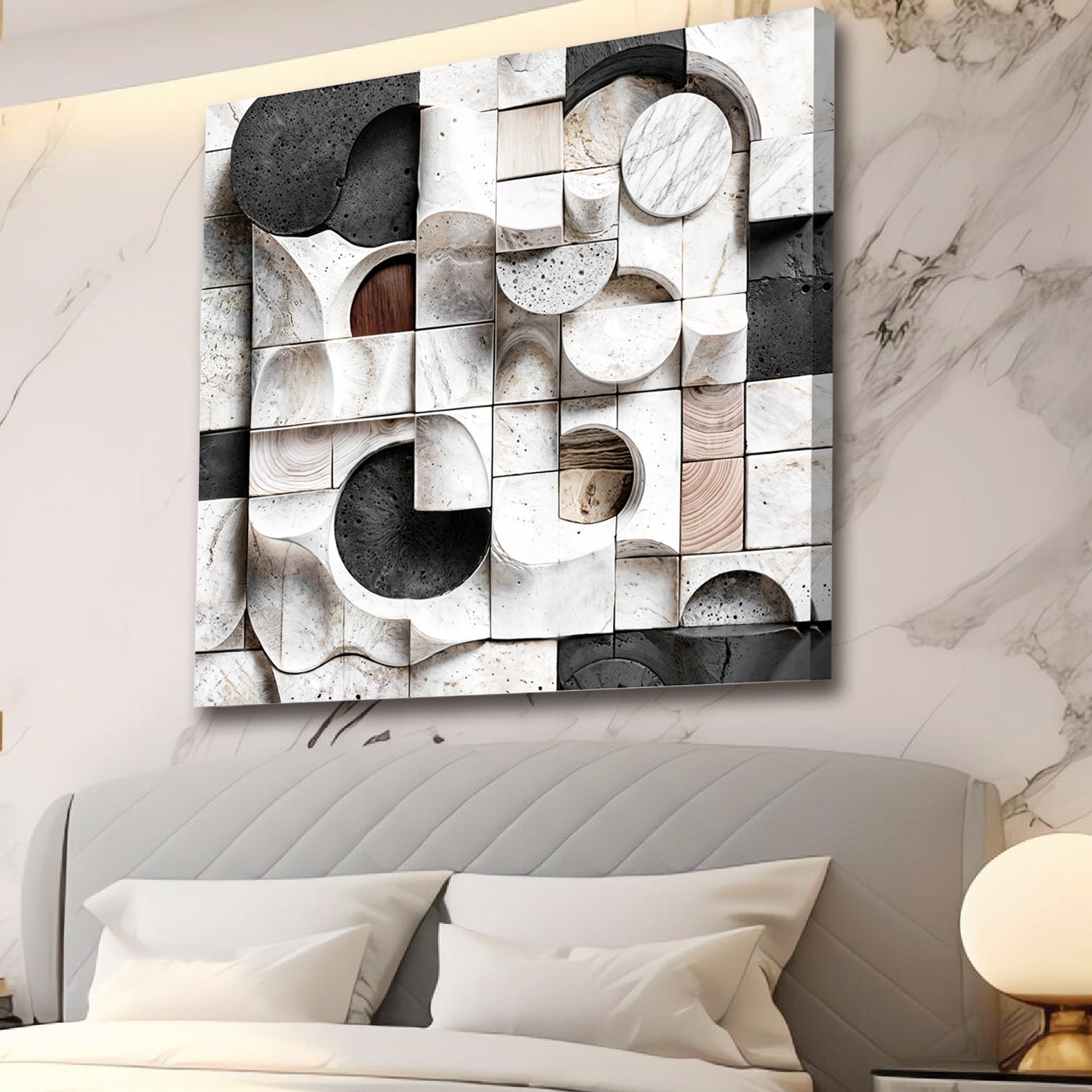 Abstract black and white wall sculpture canvas with geometric marble tiles by Tailored Canvases on Tampa Home & Garden Store