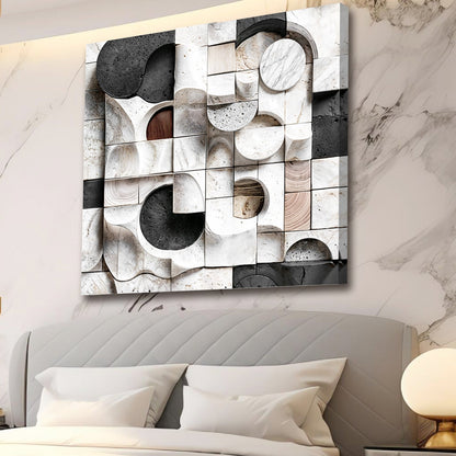 Abstract black and white wall sculpture canvas with geometric marble tiles by Tailored Canvases on Tampa Home & Garden Store