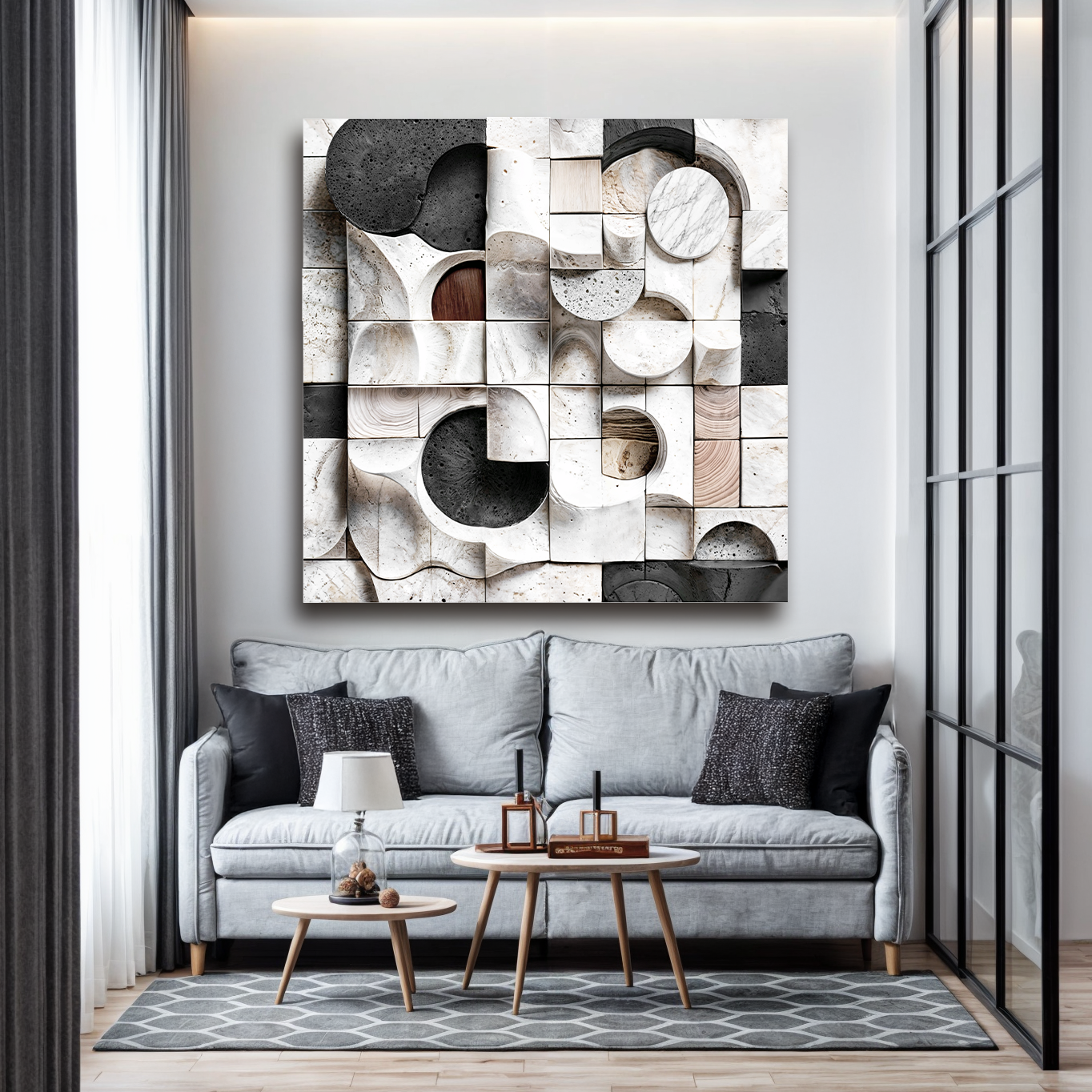 Abstract Black & White Wall Sculpture canvas by Tailored Canvases; stone-tone geometric blocks on Tampa Home & Garden Store