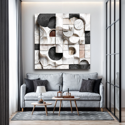 Abstract Black & White Wall Sculpture canvas by Tailored Canvases; stone-tone geometric blocks on Tampa Home & Garden Store