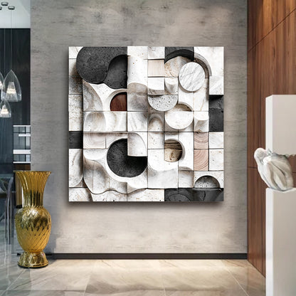 Abstract black and white wall sculpture canvas with square blocks and circular cutouts on Tampa Home & Garden Store