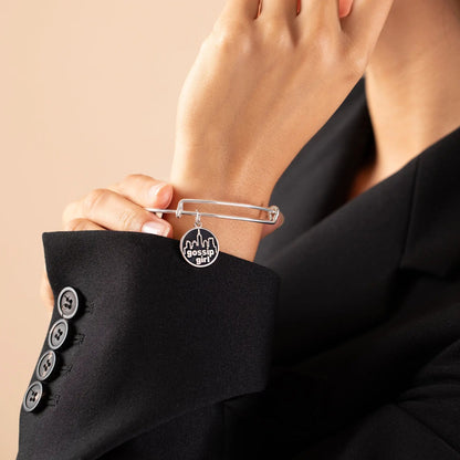 Gossip Girl Logo Charm Bangle in silver with round charm featuring skyline and text on Tampa Home & Garden Store