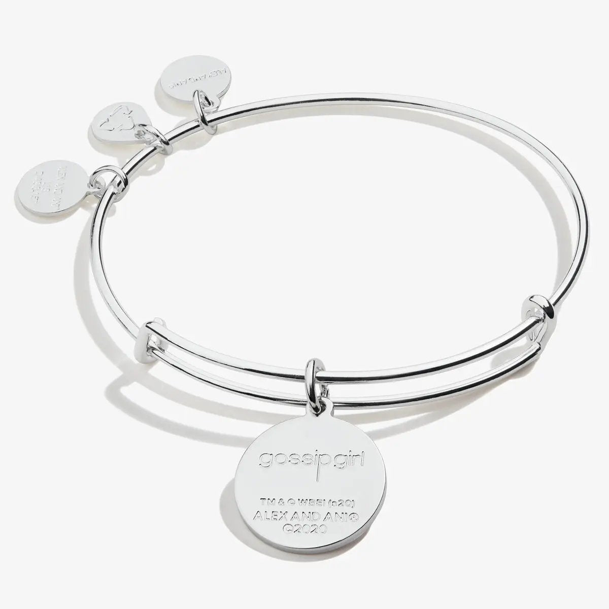 Gossip Girl Logo Charm Bangle by Alex and Ani, silver-tone bracelet with round disc charms on Tampa Home & Garden Store