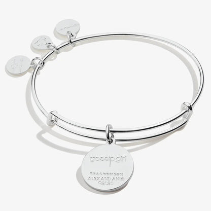 Gossip Girl Logo Charm Bangle by Alex and Ani, silver-tone bracelet with round disc charms on Tampa Home & Garden Store