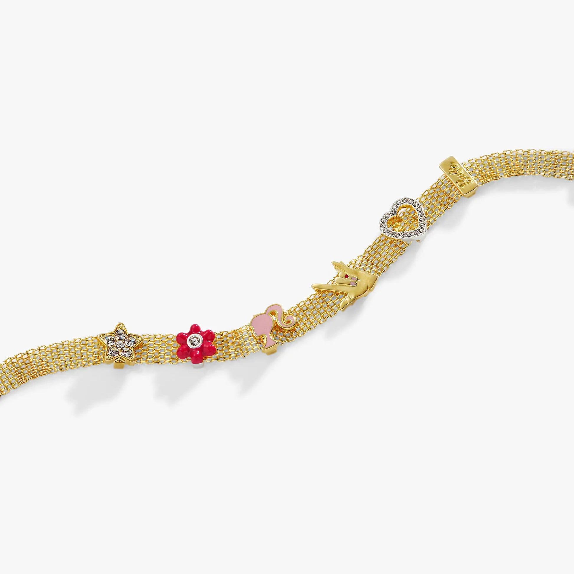 Barbie Multicharm Mesh Chain Bracelet gold-tone mesh with crystal charms by ALEX AND ANI on Tampa Home & Garden Store
