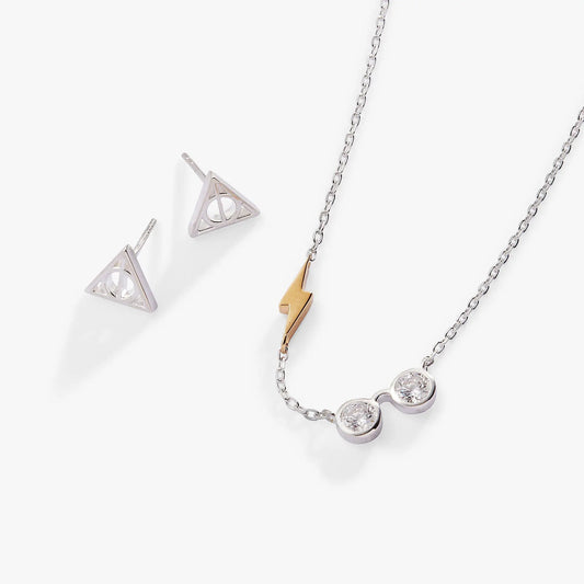 Harry Potter Deathly Hallows jewelry set: necklace and earrings in silver by Alex and Ani on Tampa Home & Garden Store