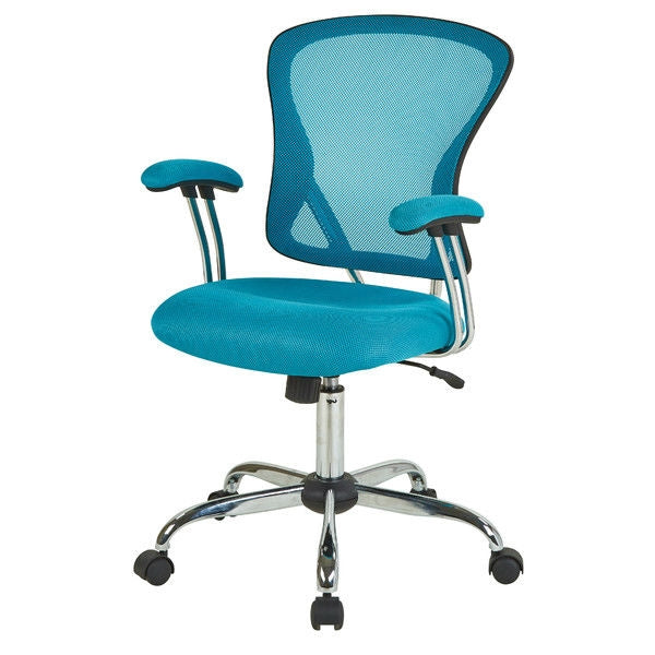 Silla de oficina de malla azul con respaldo alto y reposabrazos acolchados