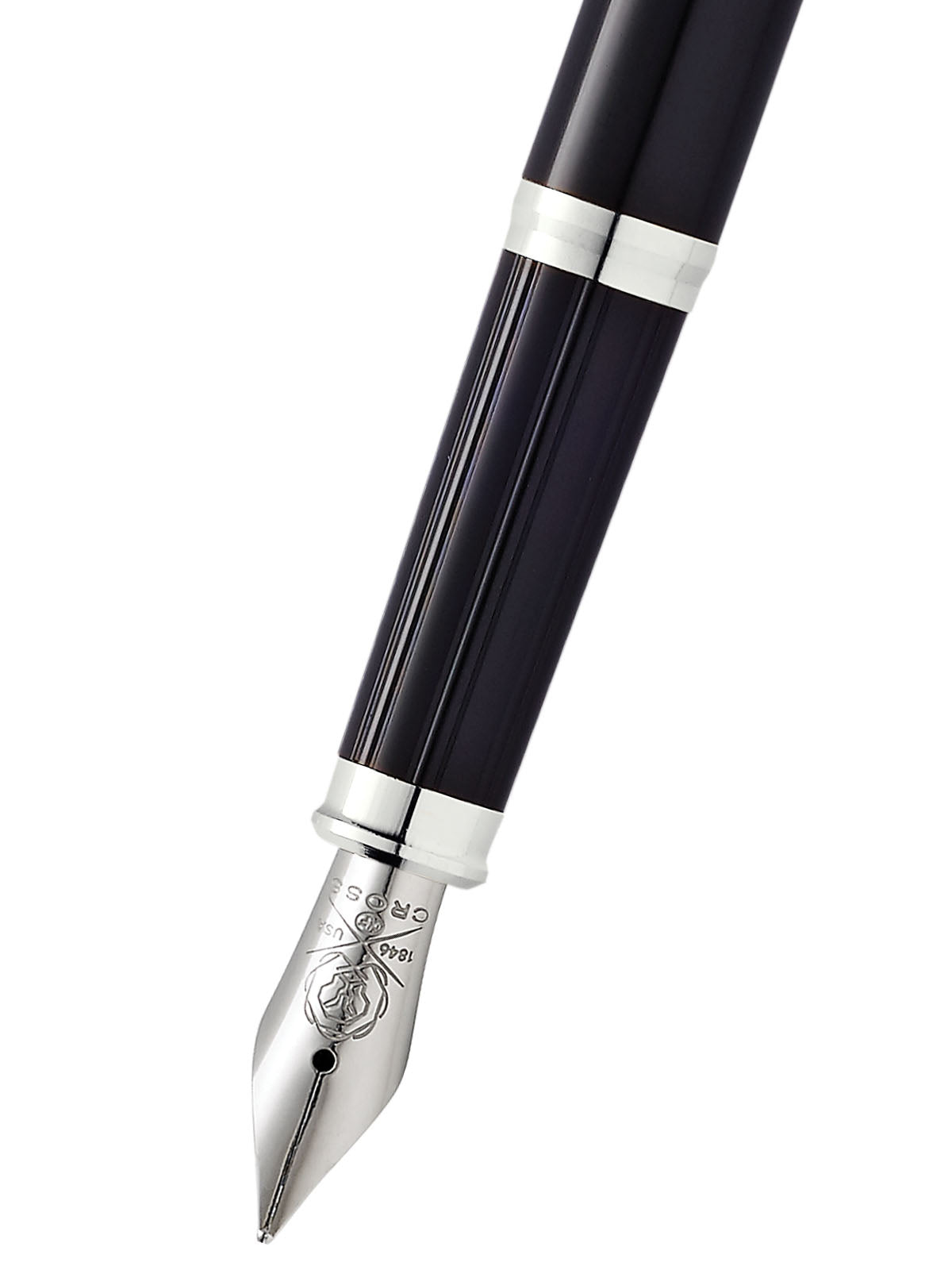 Century II Black Lacquer Medium Nib Fountain Pen by A.T. Cross, glossy black barrel with silver bands on Tampa Home & Garden Store