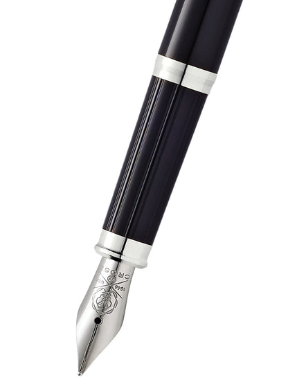 Century II Black Lacquer Medium Nib Fountain Pen by A.T. Cross, glossy black barrel with silver bands on Tampa Home & Garden Store