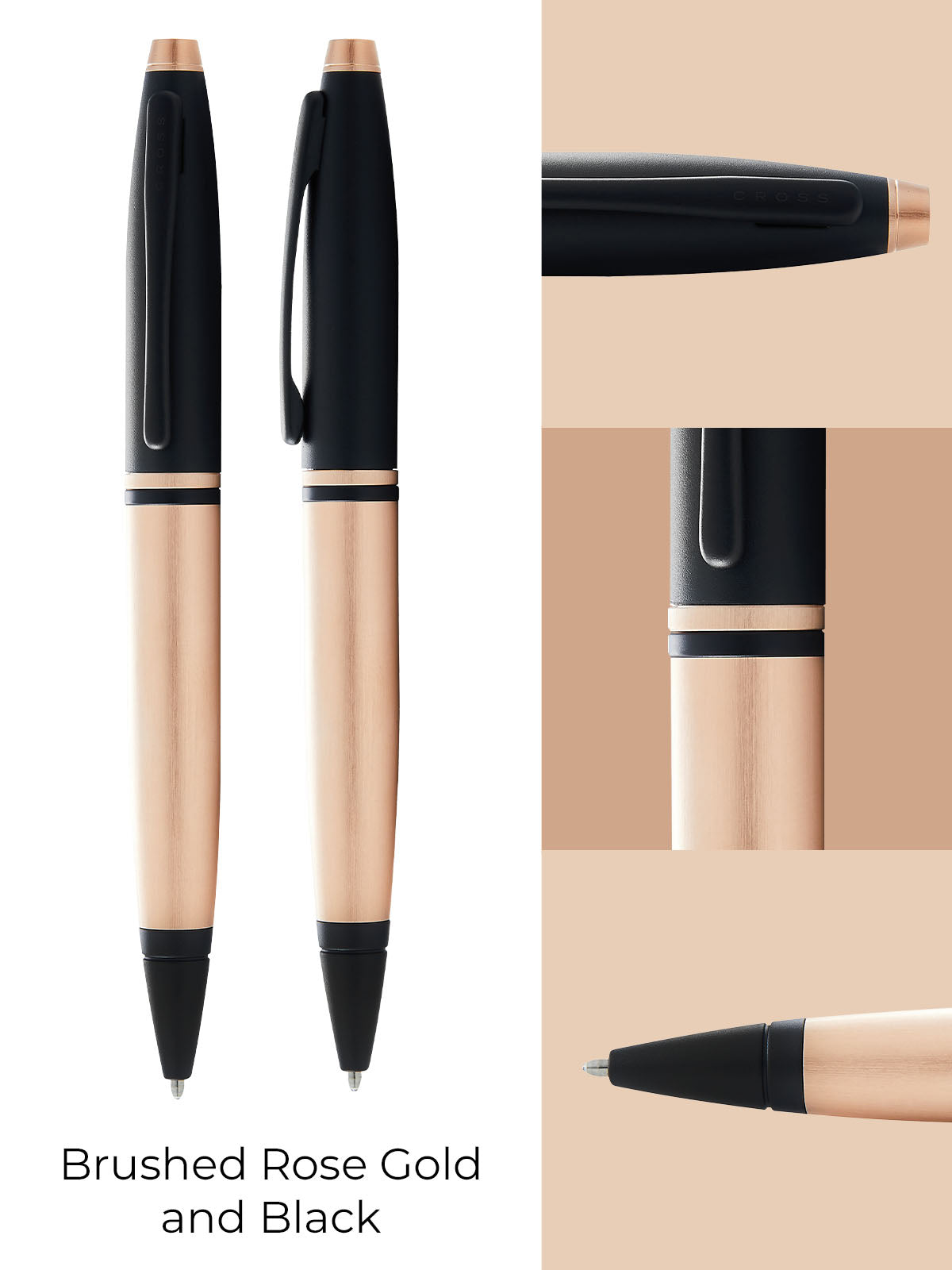 Calais ballpoint pen by A.T. Cross in brushed rose gold and black lacquer; two pens shown on Tampa Home & Garden Store