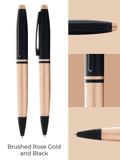 Calais ballpoint pen by A.T. Cross in brushed rose gold and black lacquer; two pens shown on Tampa Home & Garden Store