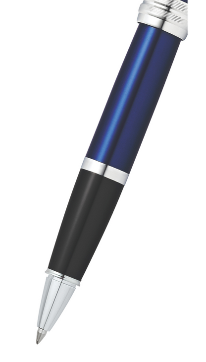 Bailey Blue Lacquer Rollerball Pen by A.T. Cross with blue body, black grip, silver accents on Tampa Home & Garden Store