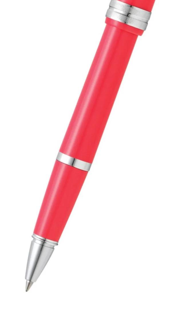 Bailey Light Polished Coral Resin Rollerball Pen by A.T. Cross, coral red with chrome accents on Tampa Home & Garden Store
