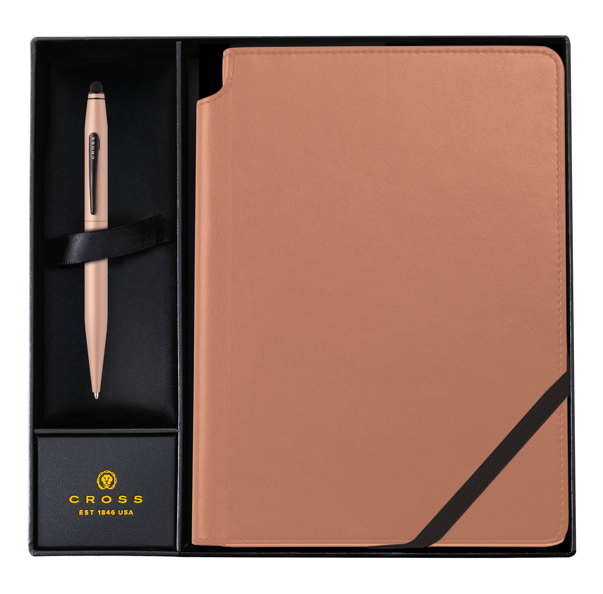 Tech2 Macchiato ballpoint pen and tan leather journal gift set by A.T. Cross in black box on Tampa Home & Garden Store