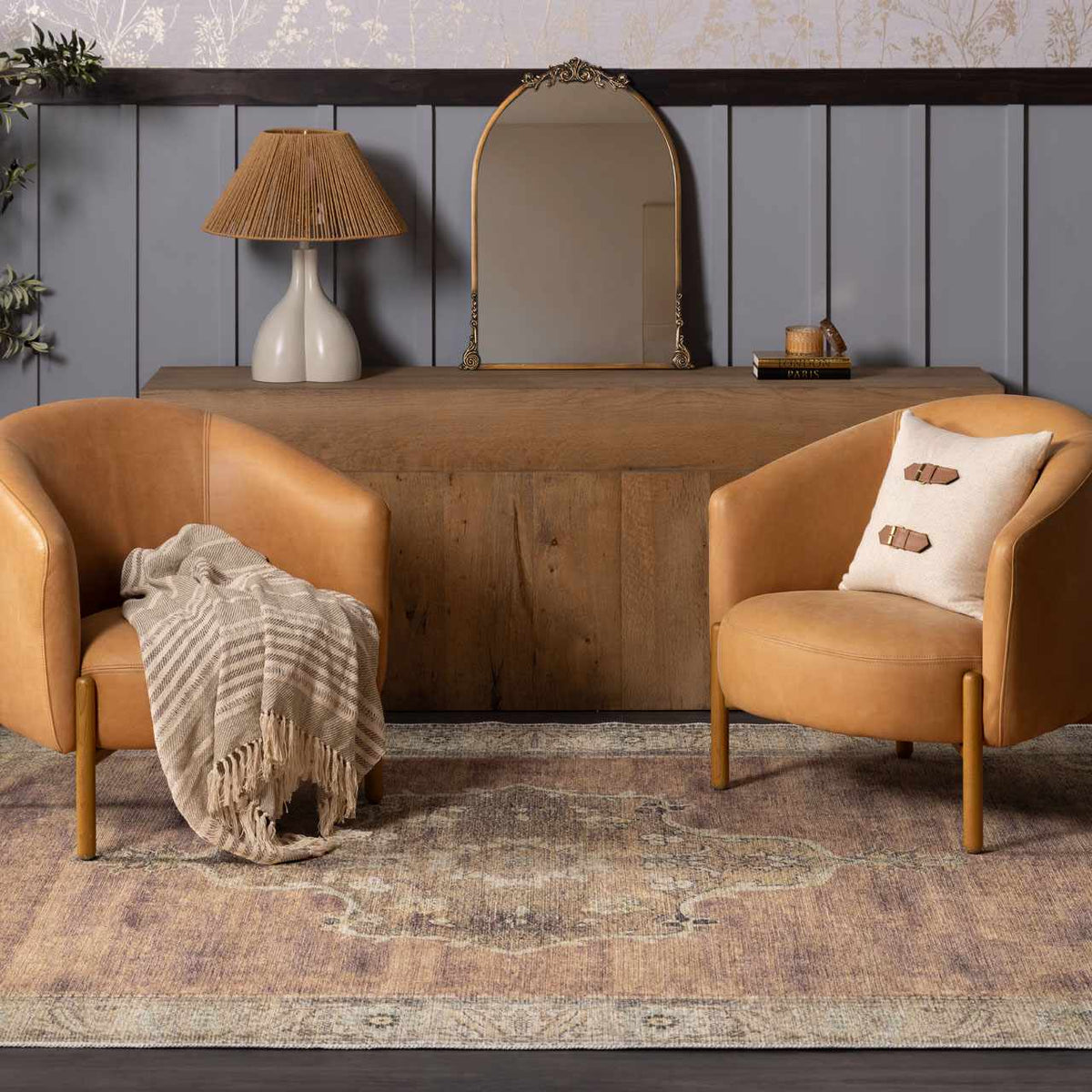Powhatan washable area rug in muted purple-beige distressed oriental pattern on Tampa Home & Garden Store